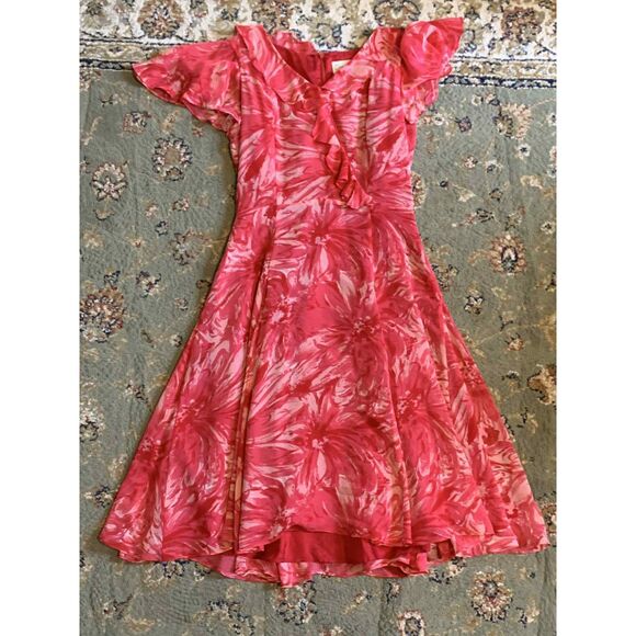 Carrie Hutton Vintage 100% Silk Pink Red Floral Cap Sleeve Midi Dress, size 8 - Picture 1 of 4